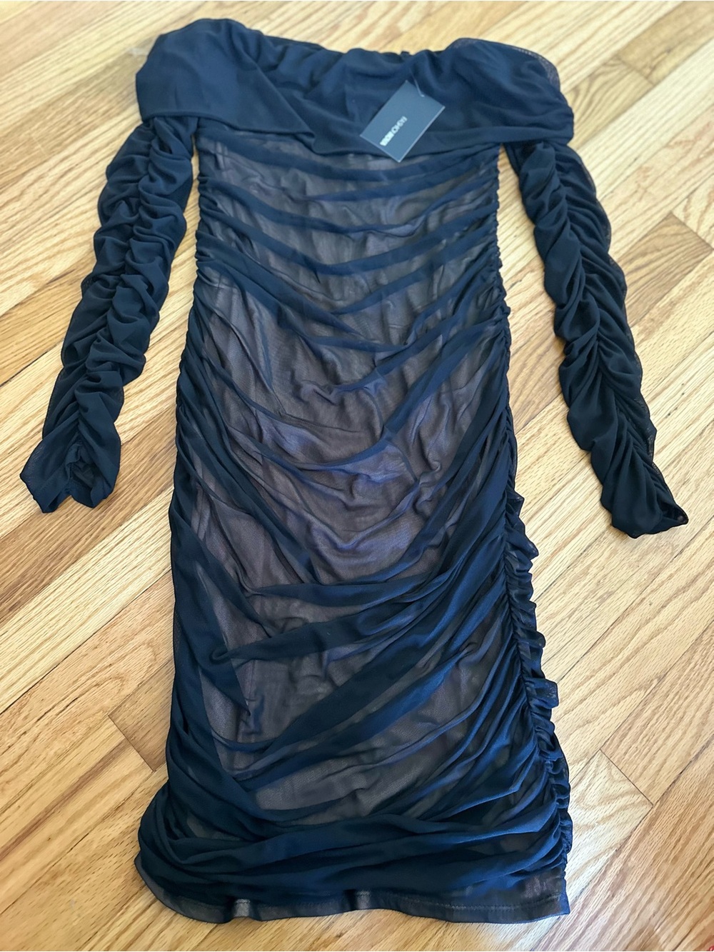 Fashion Nova Black Off-Shoulder Ruched Mesh Bodycon Dress